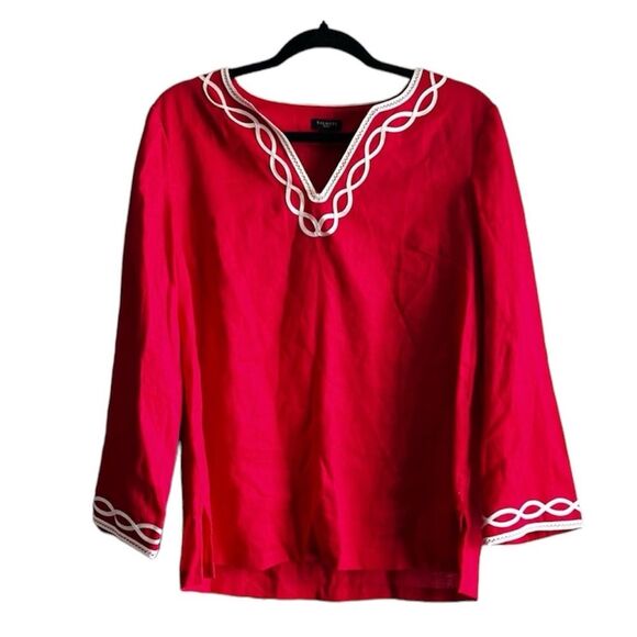 Talbots Red Linen Blouse Top Cream Embroidered Coastal Summer - Small - Picture 1 of 8